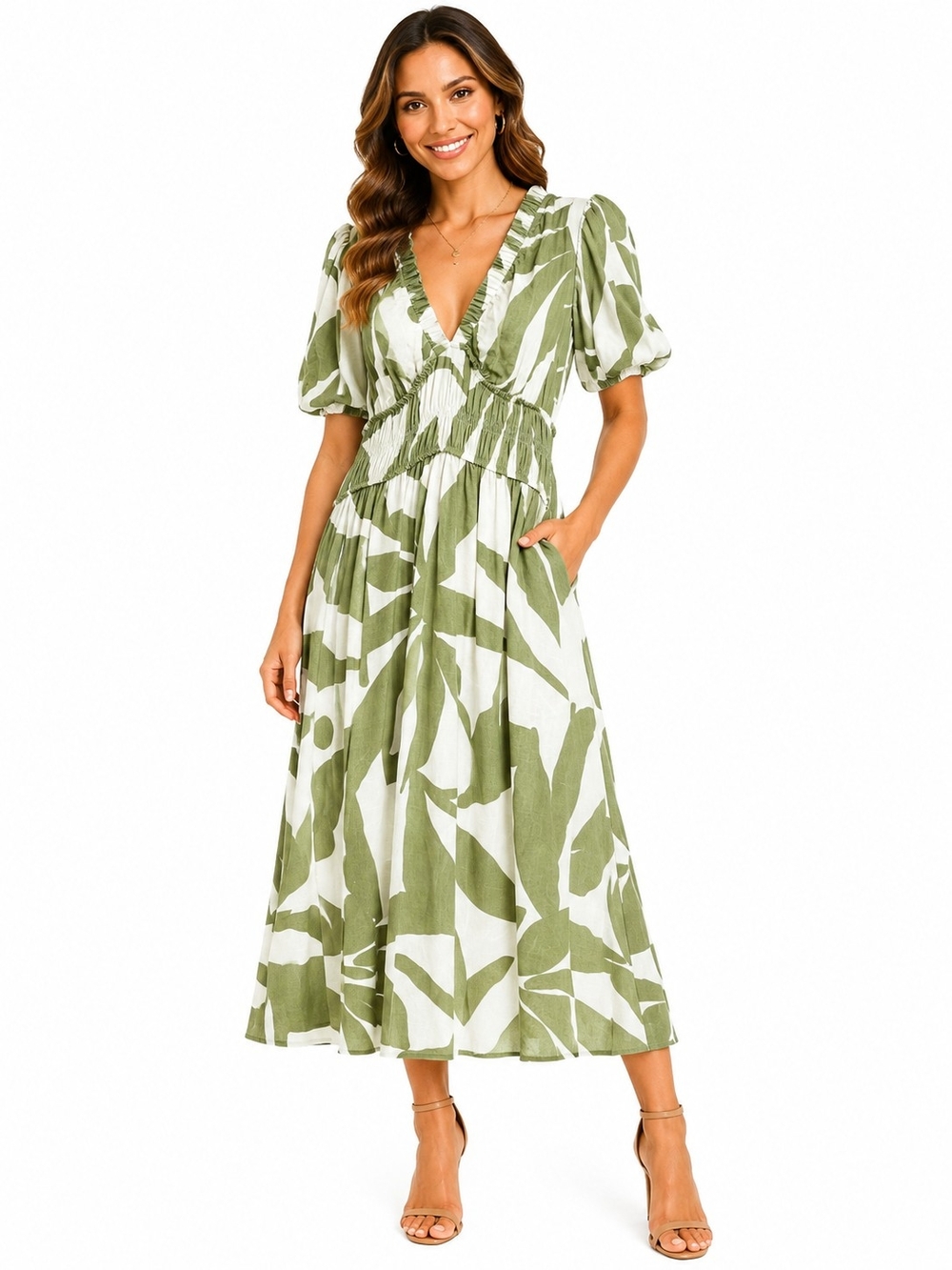 White Closet Elements Green Floral Boho Chic Maxi Dress Medium